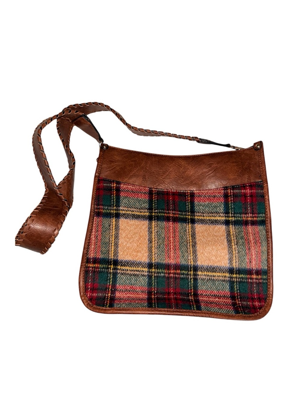 Brown Leather & Plaid Crossbody Bag